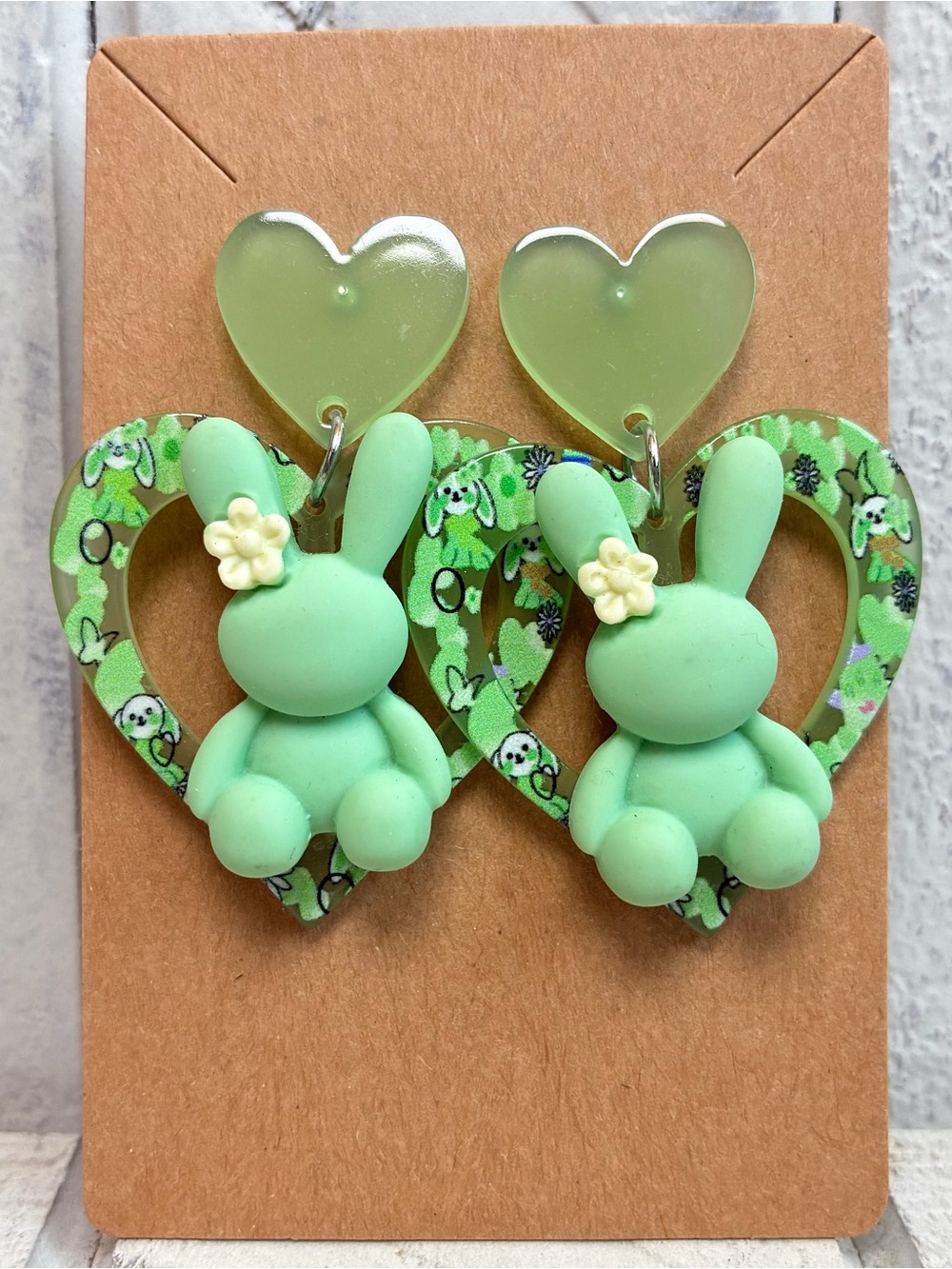 Women’s Fashion Jewelry Cute Kawaii Bunny Earrings Heart Shape Green Acrylic